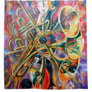 An oil painting on canvas. Music, the girl plays m Shower Curtain