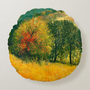An oil painting on canvas of a seasonal autumn rur round cushion