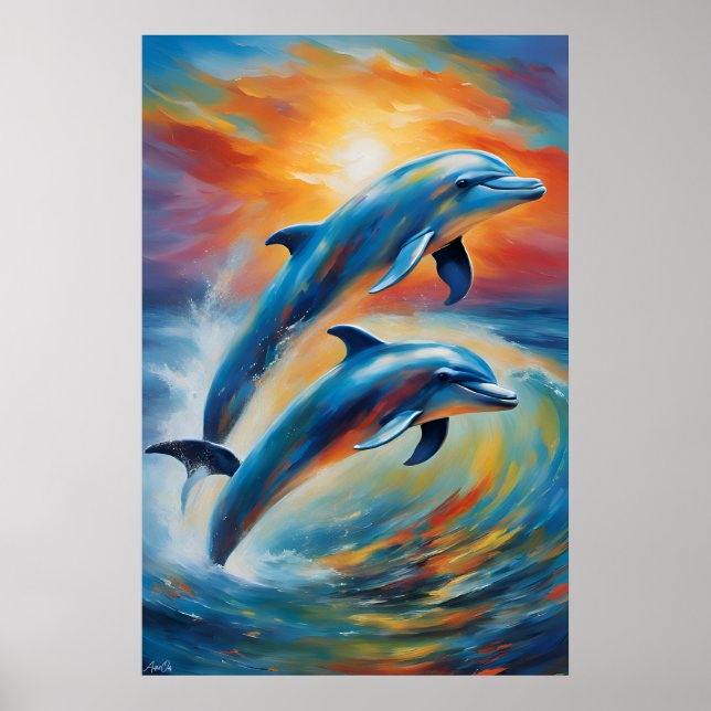 An oil painting style portrait poster of dolphins (Front)