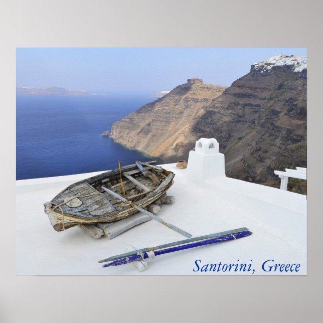 An old boat on the roof of a house in Santorini Poster (Front)