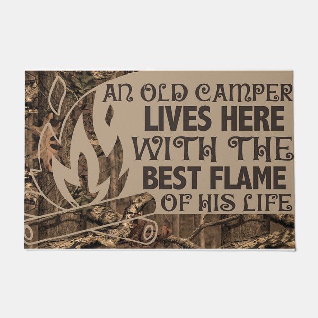 An Old Camper Lives Here Mat, Camping Lovers Doormat (Front)