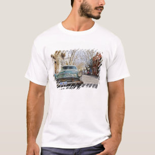 An old car rusty and flaky colour parked in the T-Shirt