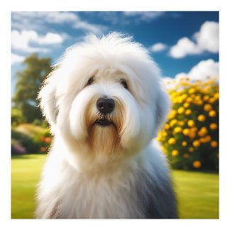 An Old English Sheepdog in the Florido Garden Photo Print