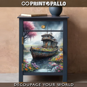 An old fishing boat abandoned in a blooming swamp  tissue paper