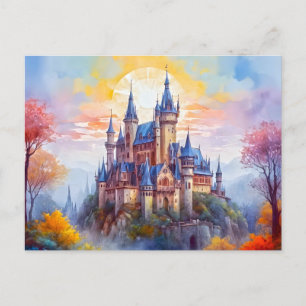 An old magical castle in the morning mist postcard