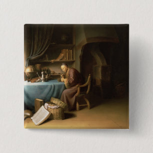 An Old Man Lighting his Pipe in a Study 15 Cm Square Badge