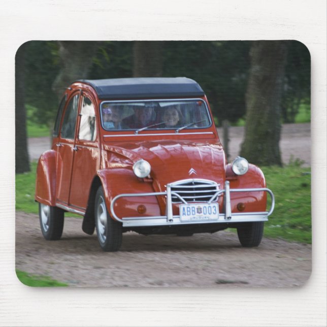 An old red Citroen 2CV car with a smiling woman Mouse Mat (Front)