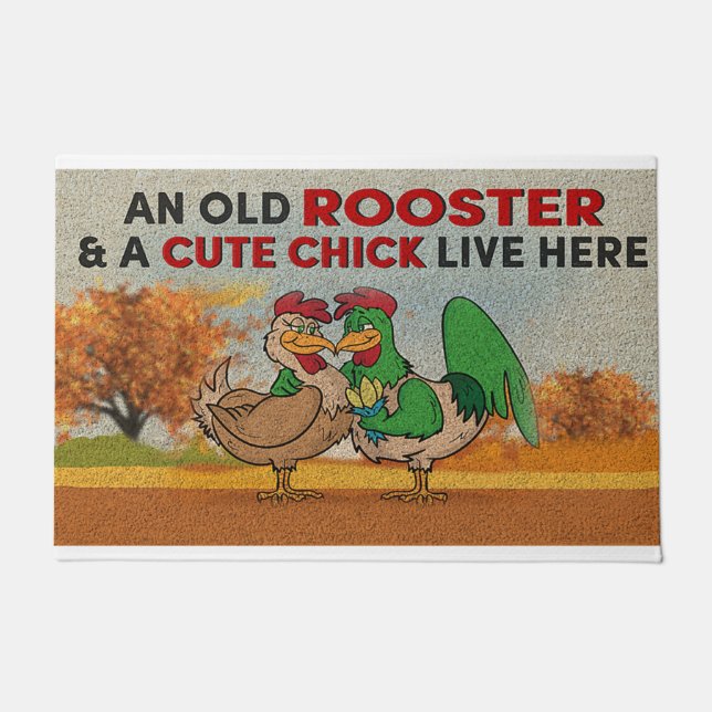 An Old Rooster And A Cute Chick Live Here Doormat (Front)