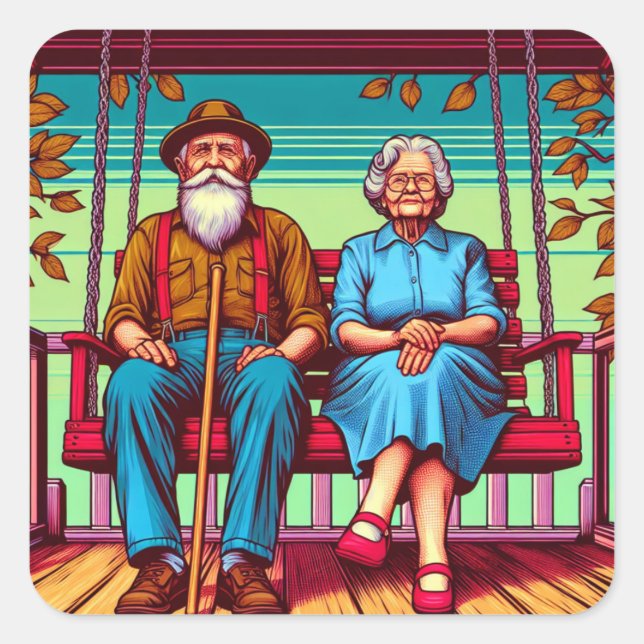 An Old Stoic Couple sitting on a Porch Swing Square Sticker (Front)