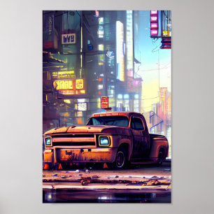 An Old Truck Abandoned in Cyberpunk City Poster