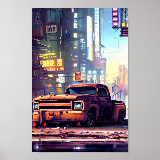An Old Truck Abandoned in Cyberpunk City Poster (Front)
