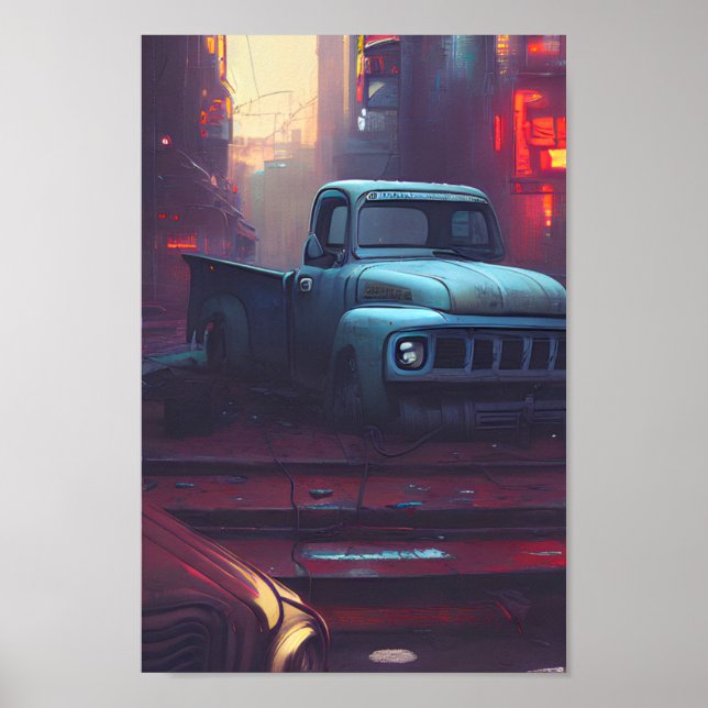 An Old Truck Abandoned in Cyberpunk City Poster (Front)