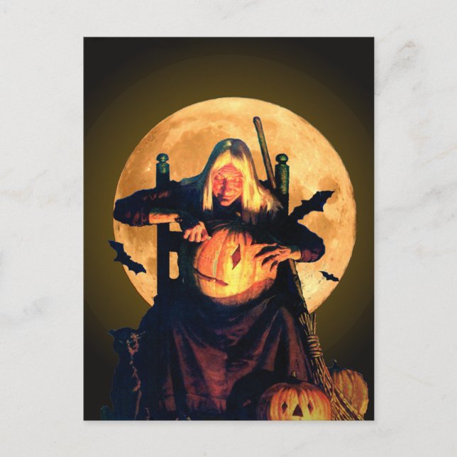 An Old Witch Carves Pumpkins for Halloween Postcard (Front)
