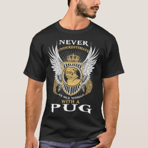 An old woman with a Pug Classic 777 T-Shirt