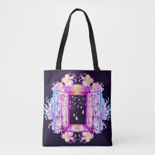 An open vintage window with pendants against a bac tote bag