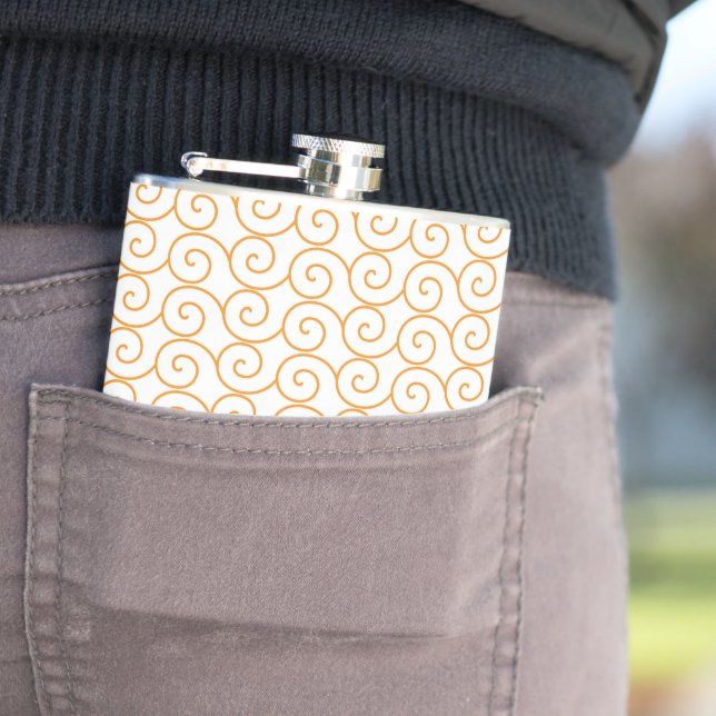 an orange and white background with swirls hip flask (In Situ)
