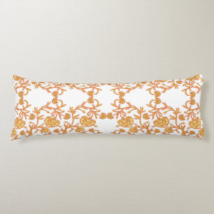 an orange and white wallpaper with a floral design body cushion
