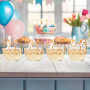 an orange and white wallpaper with a floral design stemless wine glass