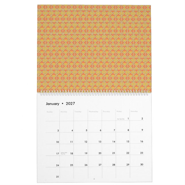 an orange and yellow background with a pattern calendar (Jan 2027)