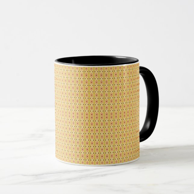 an orange and yellow background with circles mug (Front Right)
