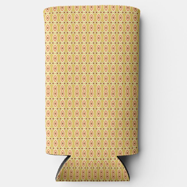 an orange and yellow background with circles seltzer can cooler (Front)