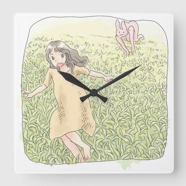 an orange dress woman who runs away from rabbits c square wall clock (Front)