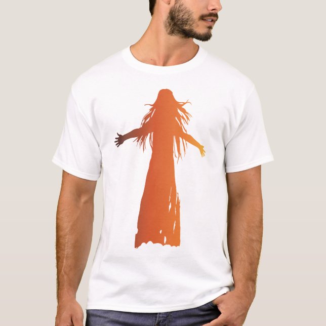 An orange-toned silhouette a woman  flowing hair T-Shirt (Front)