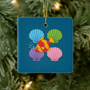 An Orange Tropical Fish and Pastel Colorful Shells Ceramic Ornament