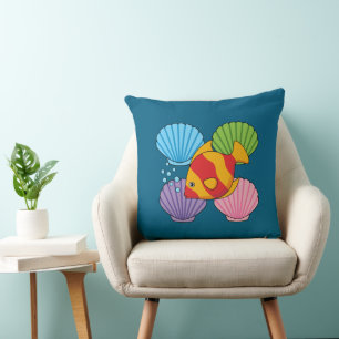 An Orange Tropical Fish and Pastel Colorful Shells Cushion