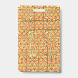 An orange, yellow, and brown symmetrical pattern w ID badge