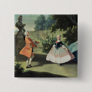 An ornamental garden with a young girl dancing to 15 cm square badge