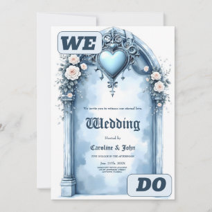 An ornate light blue archway with floral accents, invitation