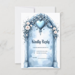 An ornate light blue archway with floral accents, RSVP card