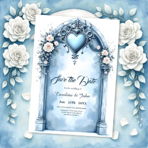An ornate light blue archway with floral accents, save the date