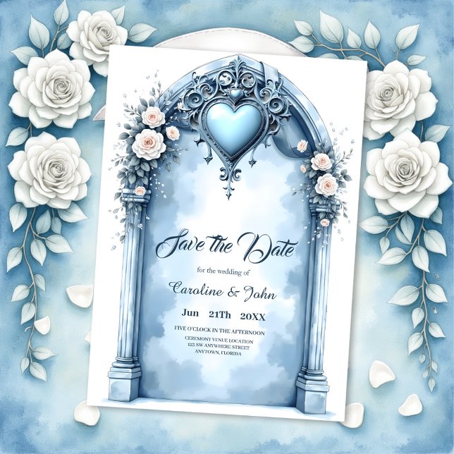 An ornate light blue archway with floral accents,  save the date (Creator Uploaded)