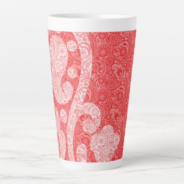 An ornate paisley design featuring rich red and bl latte mug (Front)