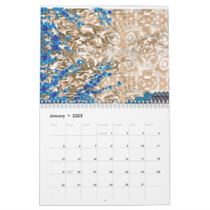 An ornate paisley motif in blue and brown, display calendar