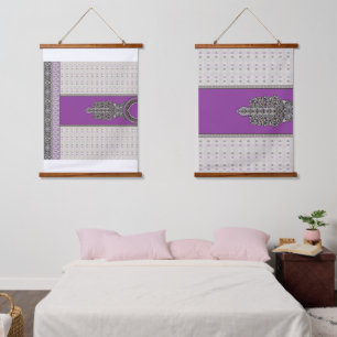 An ornate scarf combining purple and brown hues, h hanging tapestry
