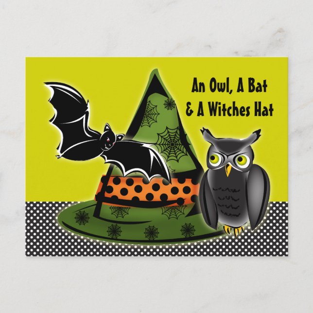 An Owl, A Bat and A Witches Hat Postcard (Front)