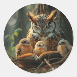 An owl reading a book to little chicks classic round sticker