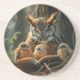 An owl reading a book to little chicks coaster