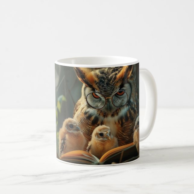 An owl reading a book to little chicks coffee mug (Front Right)