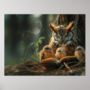 An owl reading a book to little chicks poster