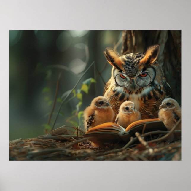 An owl reading a book to little chicks poster (Front)