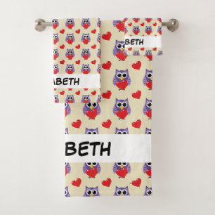 An Owly Love Pattern Add Your Name Bath Towel Set