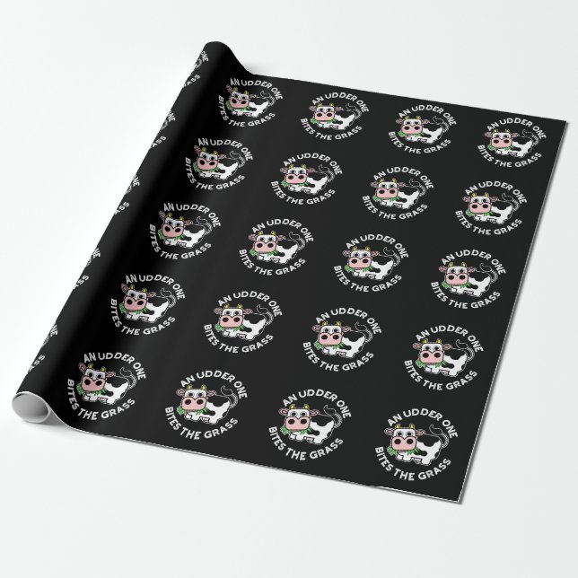An Udder One Bites The Grass Funny Cow Pun Dark BG Wrapping Paper (Unrolled)
