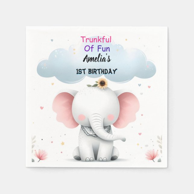 An Wood White Elephant Birthday First 1st Birthday Napkin (Front)