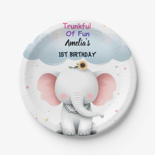 An Wood White Elephant Birthday First 1st Birthday Paper Plate (Front)