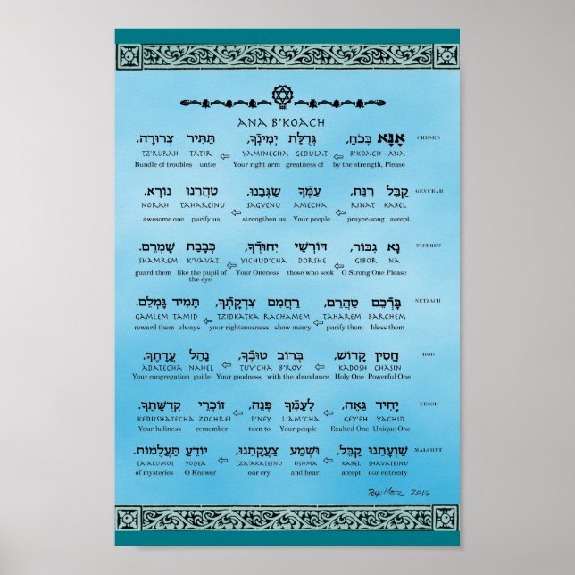 Ana b"Koach ~ Hebrew ~ English ~ Transliteration Poster (Front)