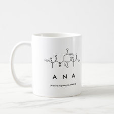 Mug featuring the name Ana spelled out in the single letter amino acid code